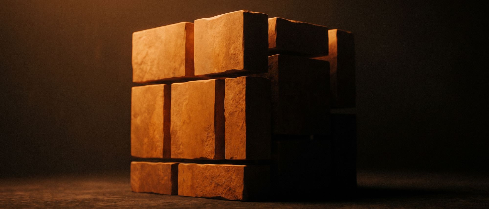 Abstract orange and black composition of a solid block separating into differently proportioned rectangular fragments